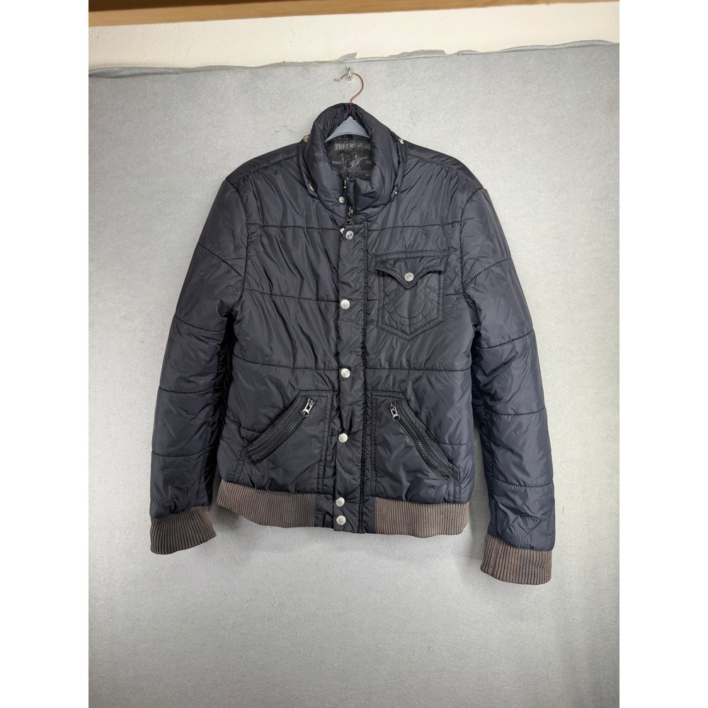 True Religion Y2K Mens Black Quilted Puffer Bomber Jacket Size Large w tear flaw